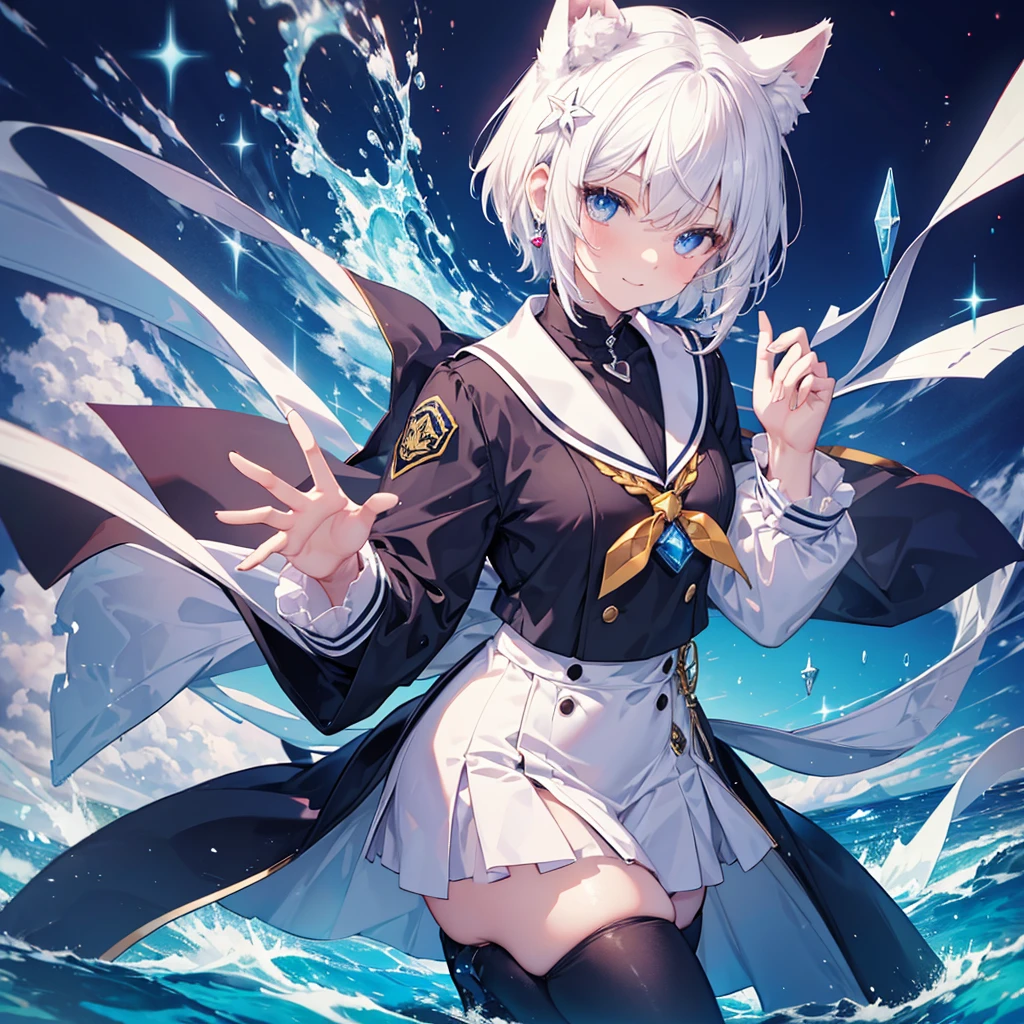 White Hair blue eyes short hair Have student Cat ear nice Blue Earrings necklace gloves beauty thin Sailor suit Put on a black coat Fantasy smile coastal sunset Fluffy hair