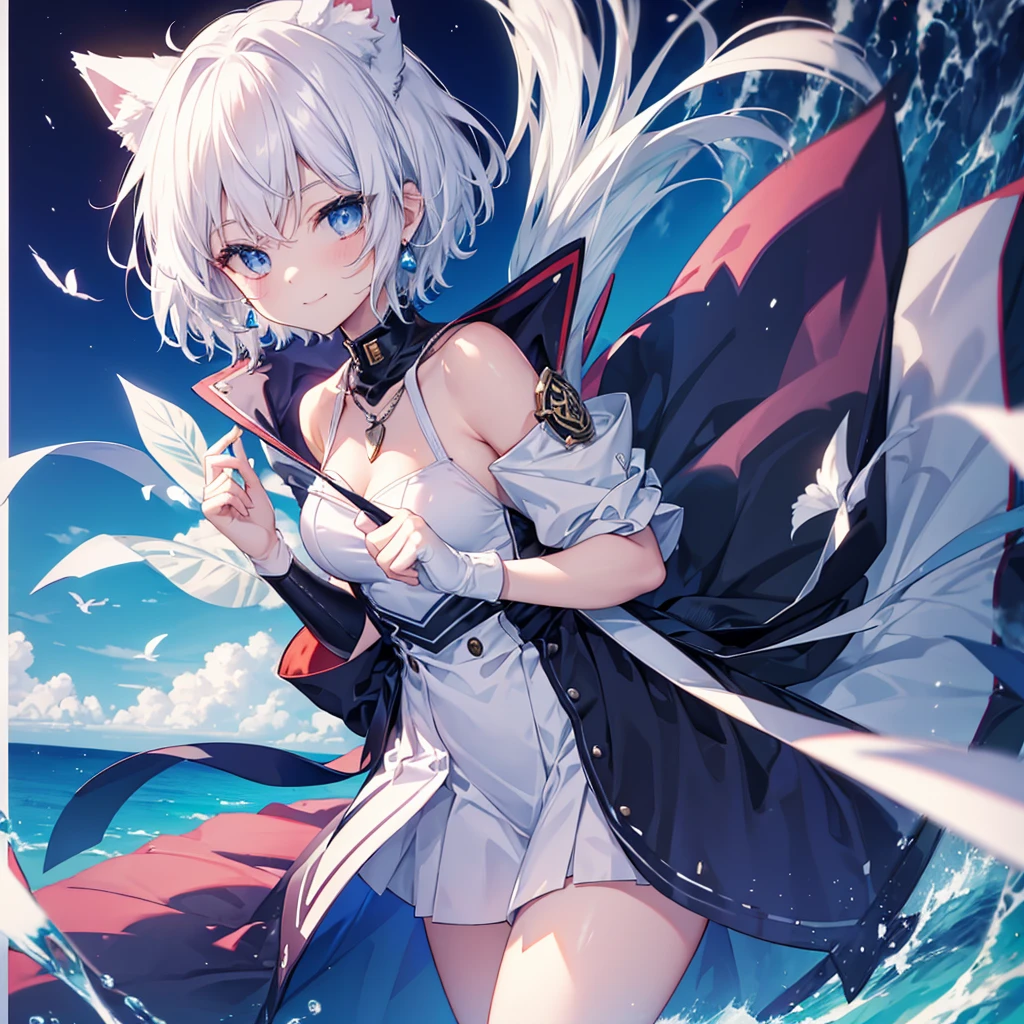 White Hair　blue eyes　short hair　Have　student　Cat ear　nice　Blue Earrings　necklace　gloves　beauty　thin　Sailor suit　Put on a black coat　Fantasy　smile　coastal　sunset　Fluffy hair