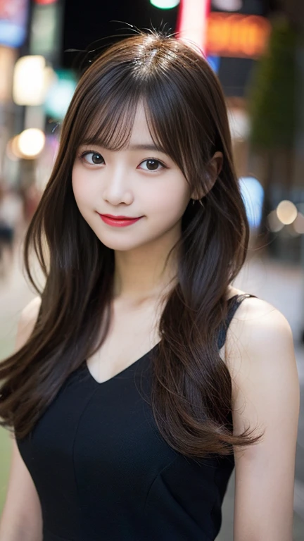 Tabletop, Highest quality, shape, Very detailed, finely, High resolution, 8k wallpaper, 完璧なダイナミックな構shape, finelyて美しい目, Wearing a black dress,Medium Hair,Natural color lip, smile,Harajuku、Teenage Girl、cute、Looking into the camera、C Cup、Brown Hair、Blurred night New York background