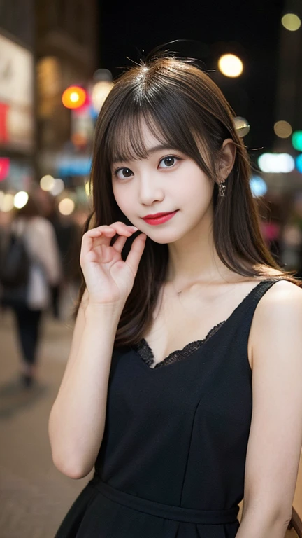 Tabletop, Highest quality, shape, Very detailed, finely, High resolution, 8k wallpaper, 完璧なダイナミックな構shape, finelyて美しい目, Wearing a black dress,Medium Hair,Natural color lip, smile,Harajuku、age Girl、cute、Looking into the camera、C Cup、Brown Hair、Blurred night New York background