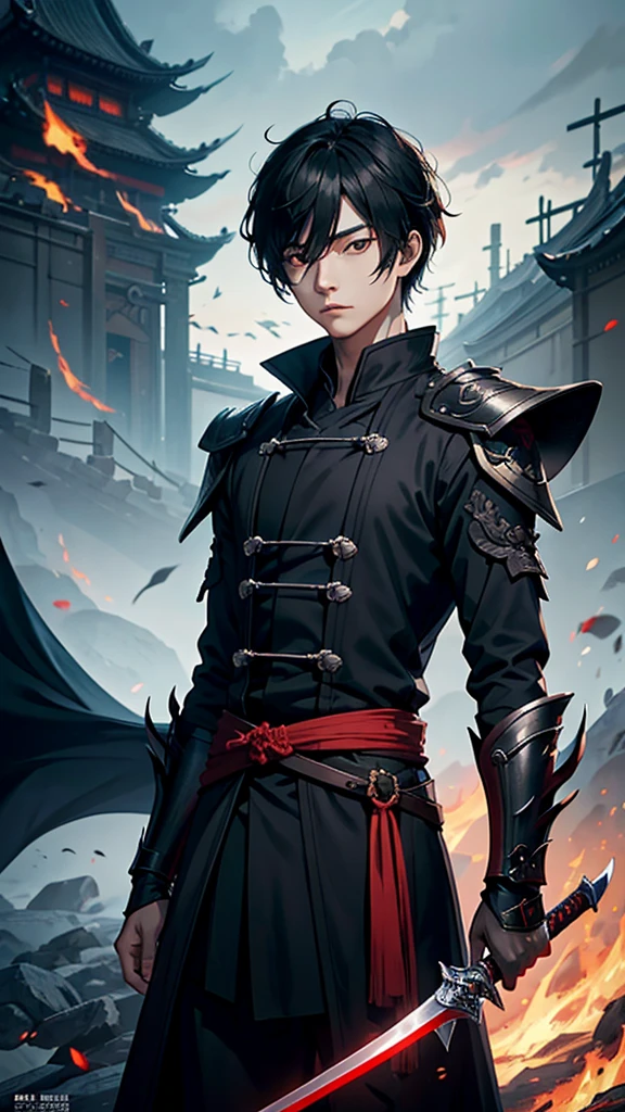 Closeup of a person holding a sword and a fire, concept art inspired by Huang Shen, Trends in CG society, what is?, Heise Jinyao, genshin impact zhongli, genshin impact keqing, thertrevkaiser, Young male shadow mage, A skin, reaper time king, skinny male magician