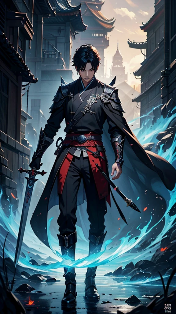 Closeup of a person holding a sword and a fire, concept art inspired by Huang Shen, Trends in CG society, what is?, Heise Jinyao, genshin impact zhongli, genshin impact keqing, thertrevkaiser, Young male shadow mage, A skin, reaper time king, skinny male magician