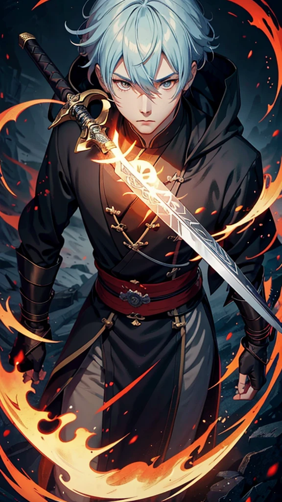 Closeup of a person holding a sword and a fire, concept art inspired by Huang Shen, Trends in CG society, what is?, Heise Jinyao, genshin impact zhongli, genshin impact keqing, thertrevkaiser, Young male shadow mage, A skin, reaper time king, skinny male magician