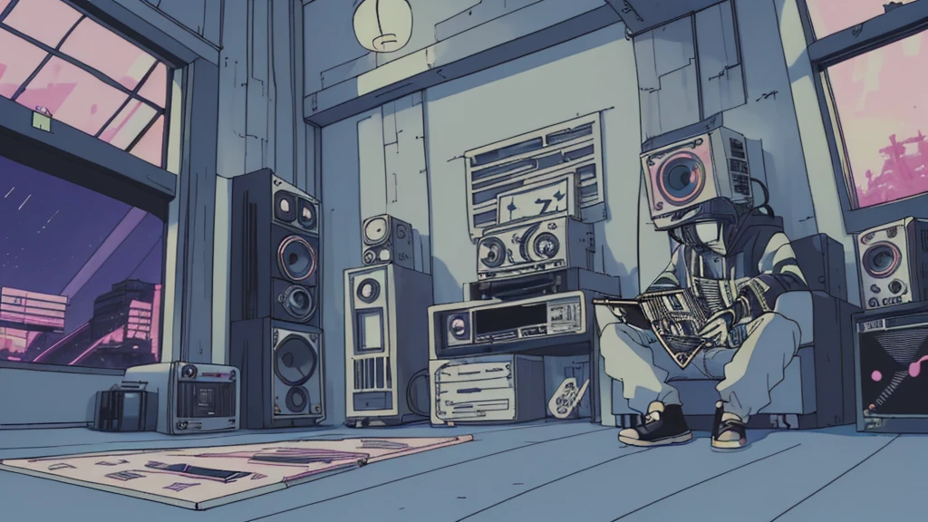 Shot of Naruto sitting near his laptop, font is large (why you), Super detailed, Retro Wave, cyber punk, Sad mood, night light through the window, night vibes, room, 2D, (Long Shot), Wide Shot, (film noise), Old cartoons, (Lots of records:1.3), (masterpiece, Highest quality, Highest quality, Official Art, beautifully、aesthetic: 1.2), (Very detailed, (Fractal Art: 1.4), guitar, (Note: 1.4), ( Lo-fi hip hop), Indoor scenery by the window, Old Anime Texture, alone, speaker, cyber punk, vinyl, night、jazz、