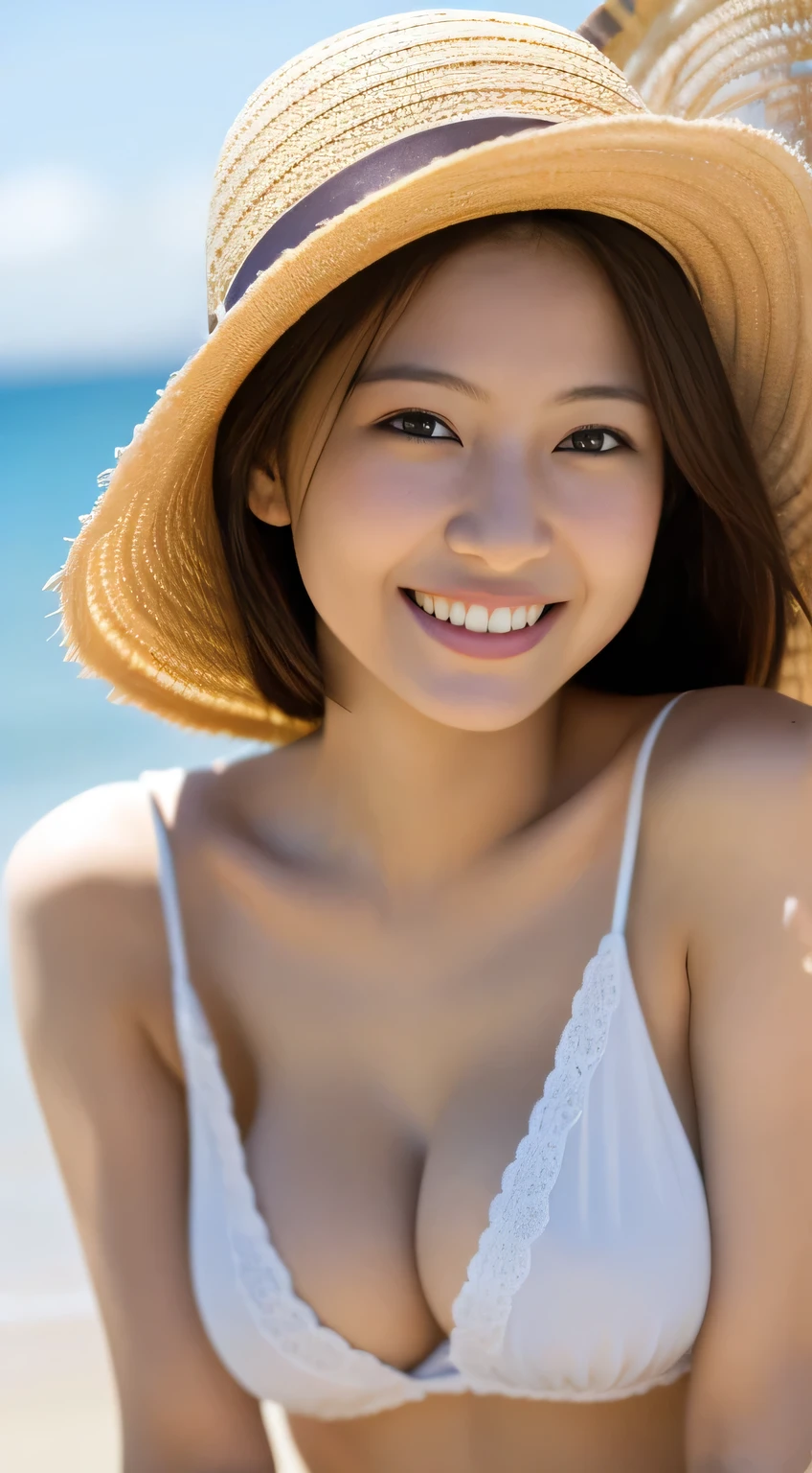 masterpiece,best quality,(Japanese ),((Beautiful girl)),cleavage,(perfect body beauty:1.2),(shy smile),beautiful teeth,(straw hat),(seaside),