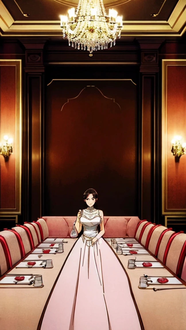 A modern-day illustration of a woman holding a wine glass with her pinky finger raised. The scene includes an elegant dining table set with fine china, silverware, and a beautifully decorated background. The woman is dressed in formal attire and the overall ambiance is sophisticated and classy. 