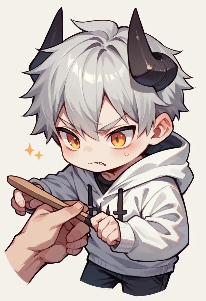 chibi drawing, Boy, white, with gray hair, wearing a white hoodie and black demon horns, with a brush in hand