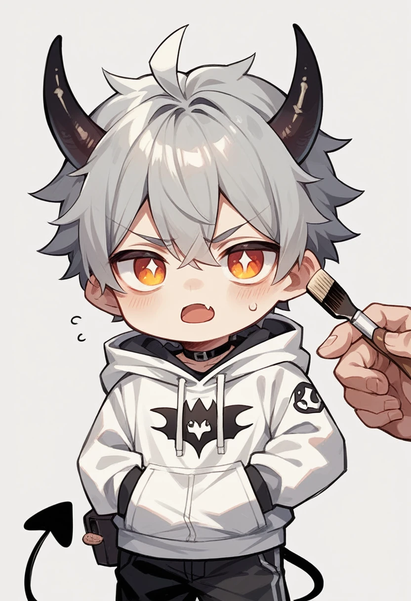 chibi drawing, Boy, white, with gray hair, wearing a white hoodie and black demon horns, with a brush in hand