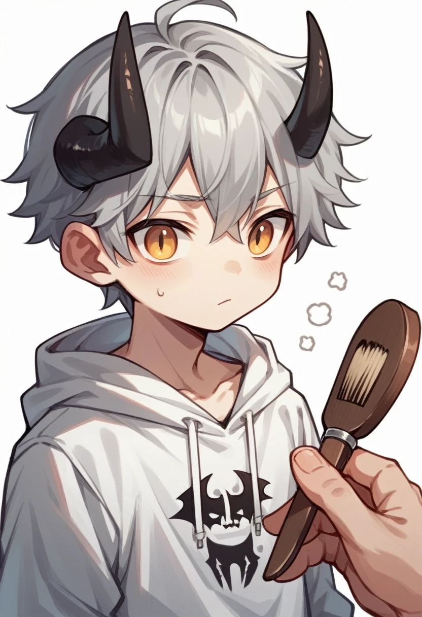 chibi drawing, Boy, white, with gray hair, wearing a white hoodie and black demon horns, with a brush in hand