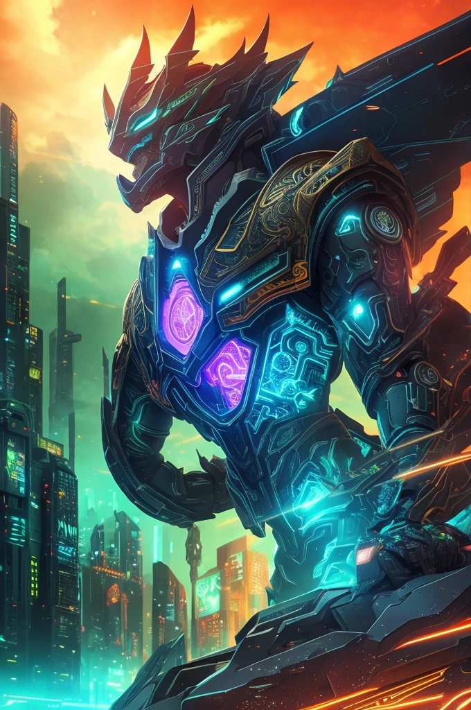 A mythical Kraken ninja stands poised in a neon-lit, dystopian metropolis, rendered in stunning 4K resolution, blending ancient legend with futuristic cyberpunk flair. The ninja's ornate, high-tech armor glows with a mesmerizing iridescent sheen, as intricate circuitry and glowing accents dance across the metallic surface. The dragon's scales shimmer in hues of indigo, violet, and electric blue, while neon accents pulse in fiery oranges and greens, casting an otherworldly glow across the surrounding urban landscape, exuding a sense of cutting-edge, cinematic grandeur.