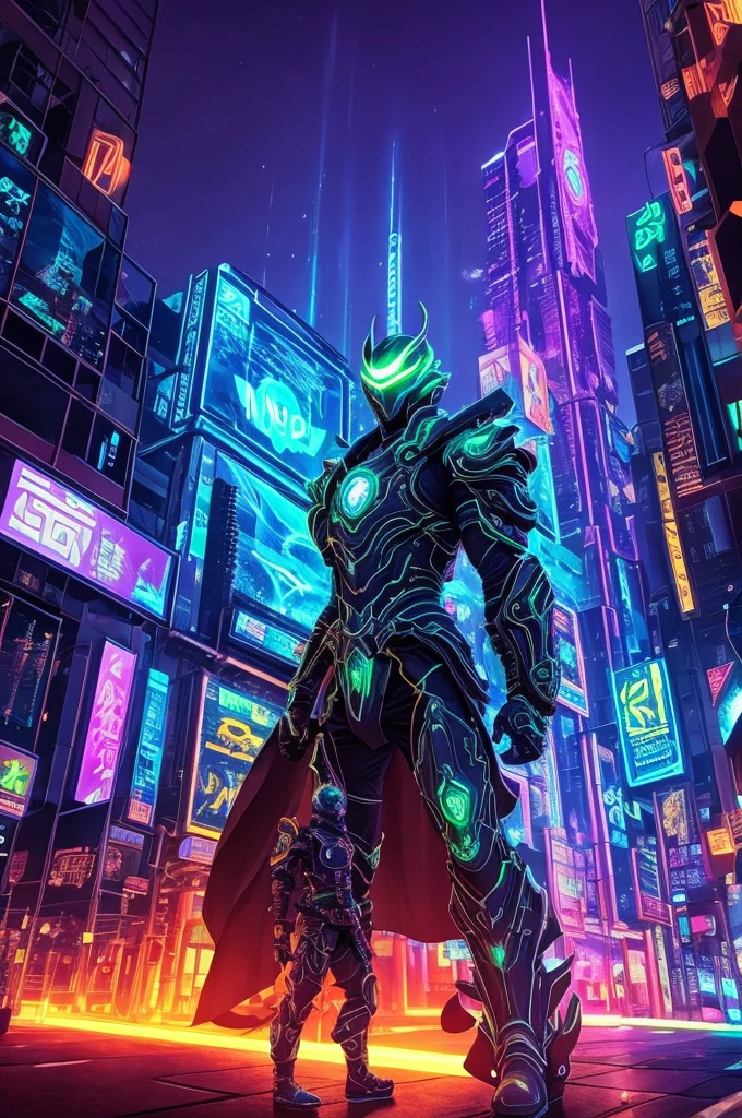 A mythical Kraken ninja stands poised in a neon-lit, dystopian metropolis, rendered in stunning 4K resolution, blending ancient legend with futuristic cyberpunk flair. The ninja's ornate, high-tech armor glows with a mesmerizing iridescent sheen, as intricate circuitry and glowing accents dance across the metallic surface. The dragon's scales shimmer in hues of indigo, violet, and electric blue, while neon accents pulse in fiery oranges and greens, casting an otherworldly glow across the surrounding urban landscape, exuding a sense of cutting-edge, cinematic grandeur.