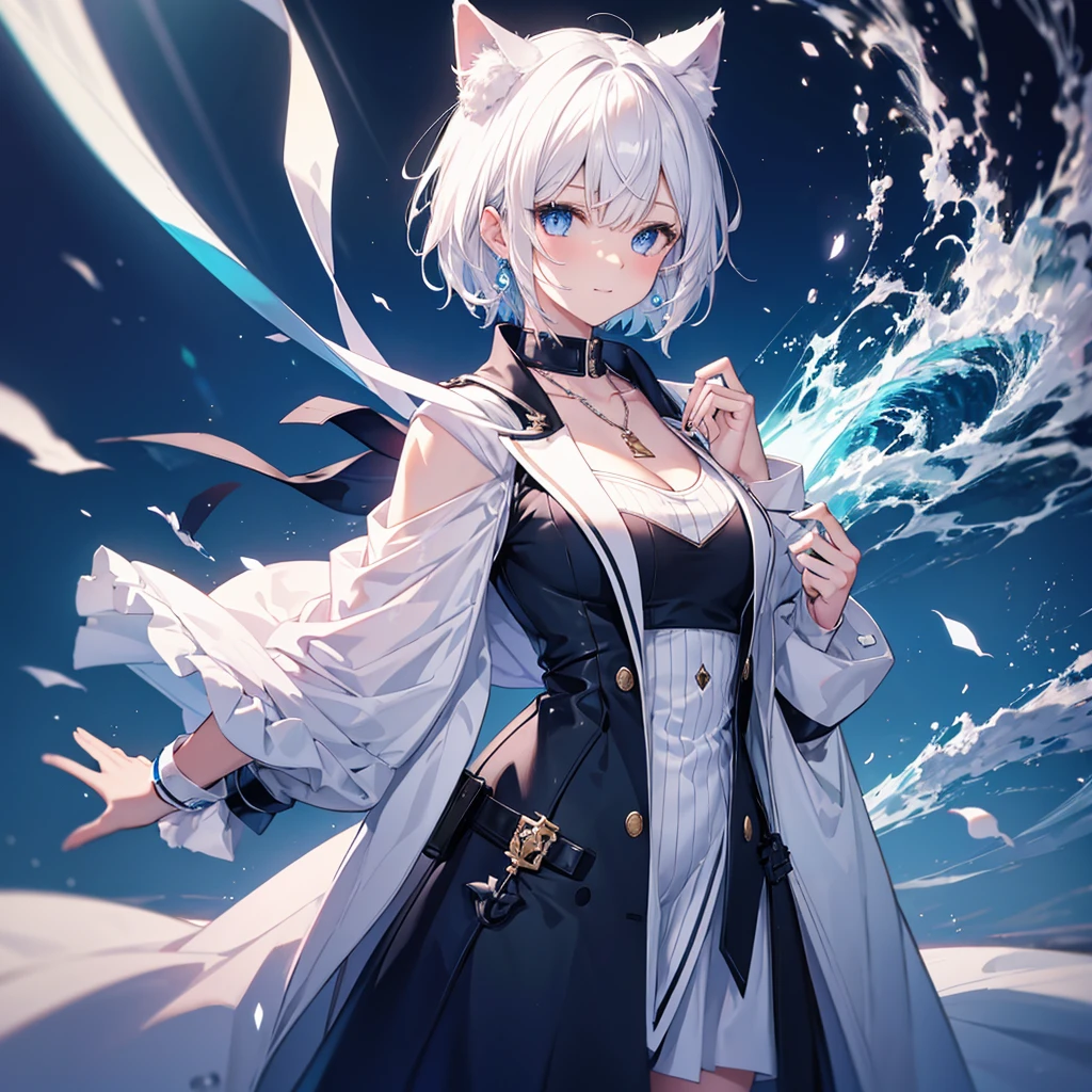 White Hair blue eyes short hair Have student Cat ear nice Blue Earrings necklace gloves beauty thin Sailor suit Put on a black coat Fantasy smile coastal sunset Fluffy hair