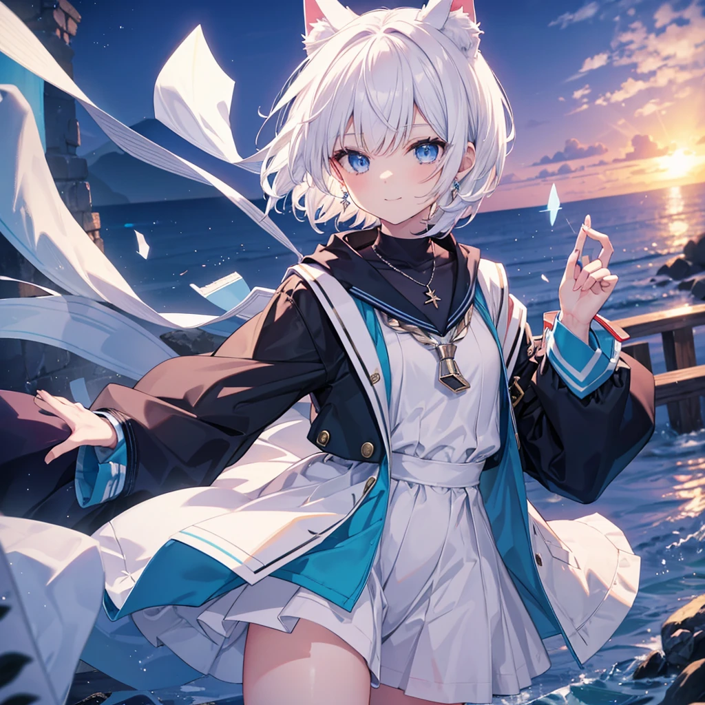 White Hair　blue eyes　short hair　Have　student　Cat ear　nice　Blue Earrings　necklace　gloves　beauty　thin　Sailor suit　Put on a black coat　Fantasy　smile　coastal　sunset　Fluffy hair