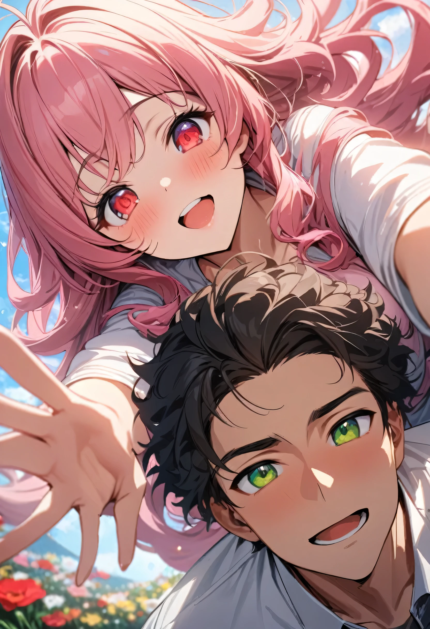 (couple), girl and boy, walking in a flower field, rich in detail, competitive, happy expression, love, wide angle, 1girl, (((masterpiece, best quality, aesthetic, heavenly))), ((girl with red eyes, vibrant pink long hair)), ((intimate)), 1boy, ((boy with green eyes, short black curly hair))