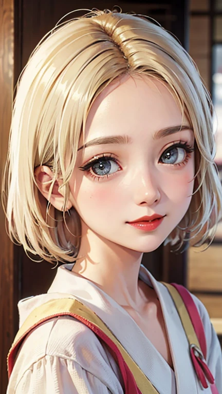 blush a little and smile, (Top quality masterpiece:1.2) Delicate illustrations, Very detailed, /Beautiful Japanese Women、1 person,Very cute and slim、Great style 、((8K images、super high quality))、Very delicate face, Skin and Hair、beautifule forehead、Red lipstick、(((((Mid Cut、Blonde))))),Very cute Japanese cut face、Eyes and nose are clearly visible、Kind eyes