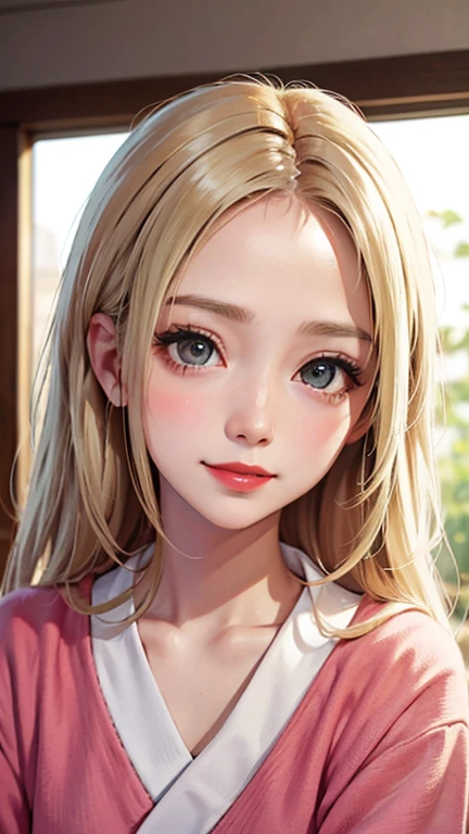 blush a little and smile, (Top quality masterpiece:1.2) Delicate illustrations, Very detailed, /Beautiful Japanese Women、1 person,Very cute and slim、Great style 、((8K images、super high quality))、Very delicate face, Skin and Hair、beautifule forehead、Red lipstick、(((((Mid Cut、Blonde))))),Very cute Japanese cut face、Eyes and nose are clearly visible、Kind eyes