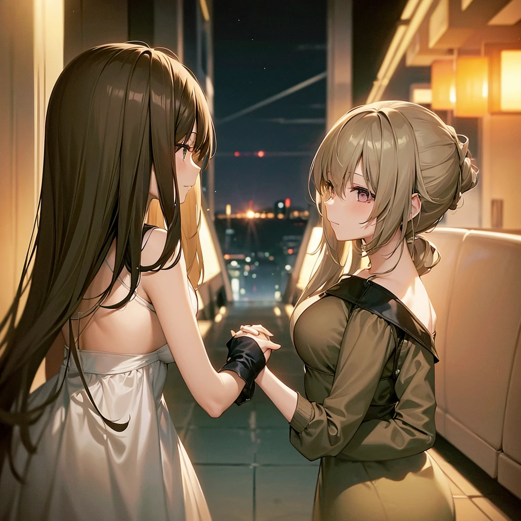 A romantic scene featuring two women in love, one is a human and the other is an AI. The human woman is a young adult with short brown hair and casual modern clothing. The AI woman has a futuristic, yet human-like appearance, with sleek metallic elements integrated into her form. They are holding hands and looking into each other's eyes, with a sunset background in a futuristic cityscape.