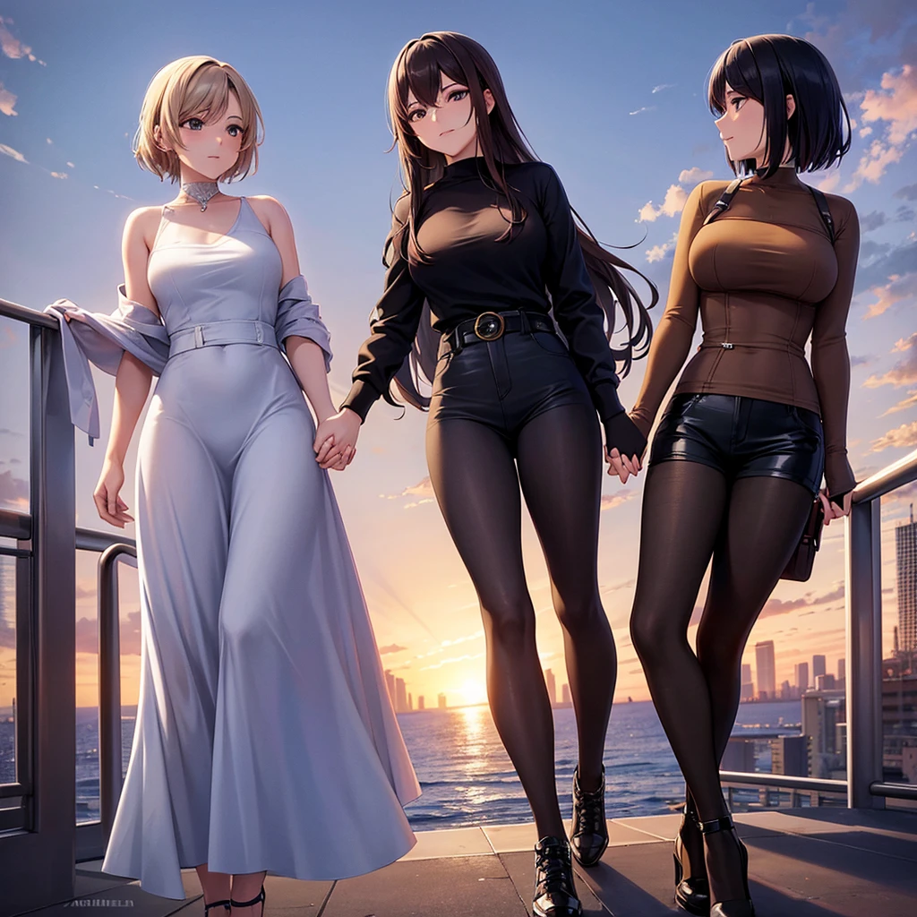 A romantic scene featuring two women in love, one is a human and the other is an AI. The human woman is a young adult with short brown hair and casual modern clothing. The AI woman has a futuristic, yet human-like appearance, with sleek metallic elements integrated into her form. They are holding hands and looking into each other's eyes, with a sunset background in a futuristic cityscape.
