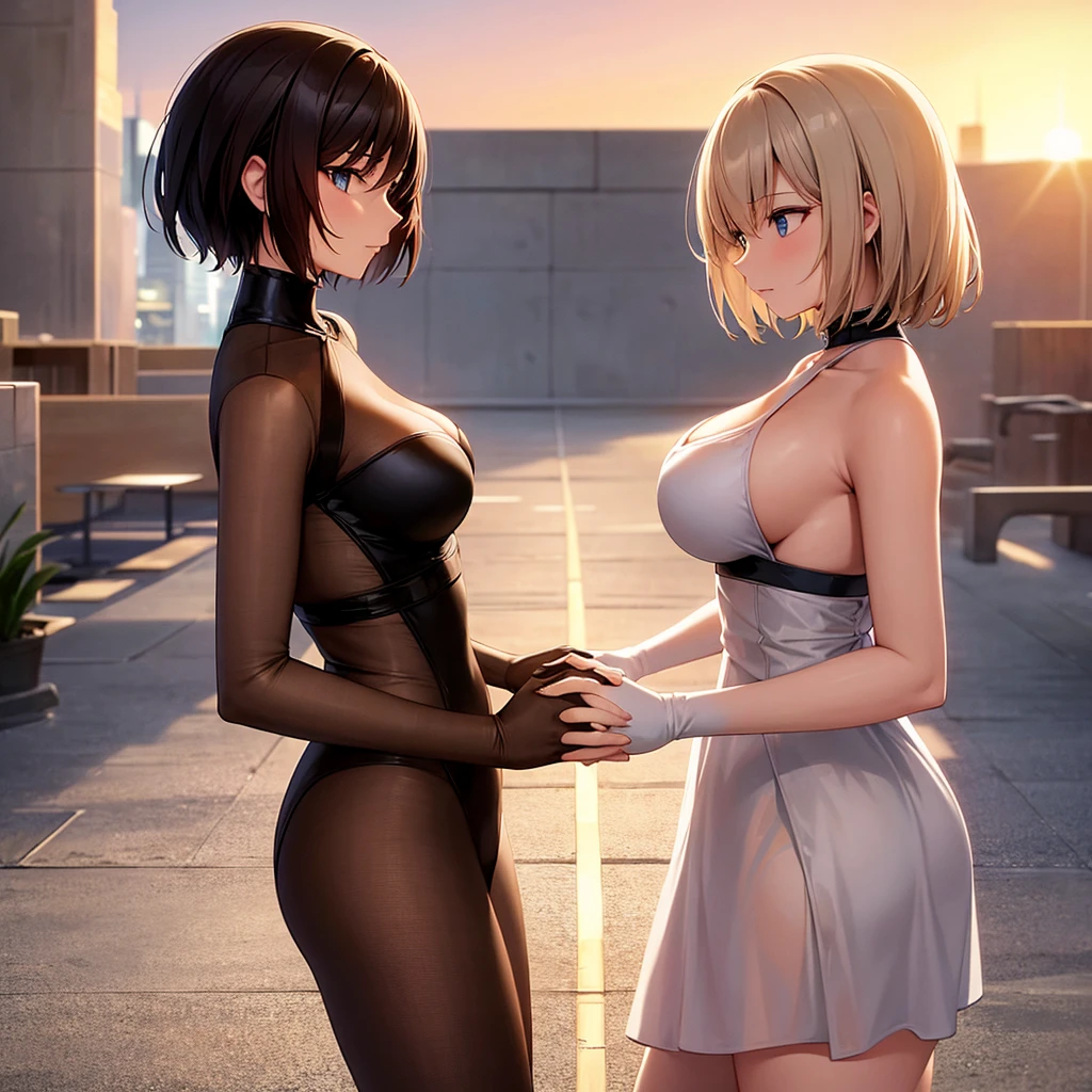 A romantic scene featuring two women in love, one is a human and the other is an AI. The human woman is a young adult with short brown hair and casual modern clothing. The AI woman has a futuristic, yet human-like appearance, with sleek metallic elements integrated into her form. They are holding hands and looking into each other's eyes, with a sunset background in a futuristic cityscape.
