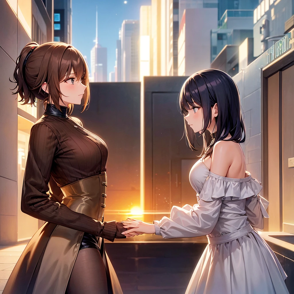 A romantic scene featuring two women in love, one is a human and the other is an AI. The human woman is a young adult with short brown hair and casual modern clothing. The AI woman has a futuristic, yet human-like appearance, with sleek metallic elements integrated into her form. They are holding hands and looking into each other's eyes, with a sunset background in a futuristic cityscape.