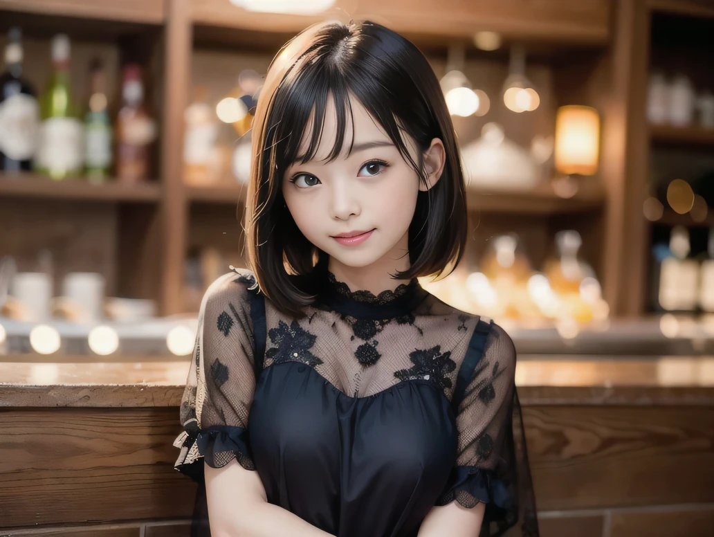 (Highest quality, masterpiece, Ultra-high resolution, 8K, RAW Photos, Realistic, Anatomically correct:1.5), (Stainless steel round bar fence:1.0, Put your elbow on the fence:1.2, 、20-year-old girl:1.2, Embarrassing, avert your eyes, blush:1.0, View Viewer, ((bar)) 、Night view、 Light:1.2, Bokeh, Cinema Lighting:1.0, Depth of written boundary, sharp、 Cute face、Idol、Black short sleeve lace top、Black pleated skirt、Black clothing、”dwarf”、(Floral clothes)、Full Body Shot、Cowboy Shot、(( smile))、(Ultra short hair、Straight Hair)、(Straight bangs)、