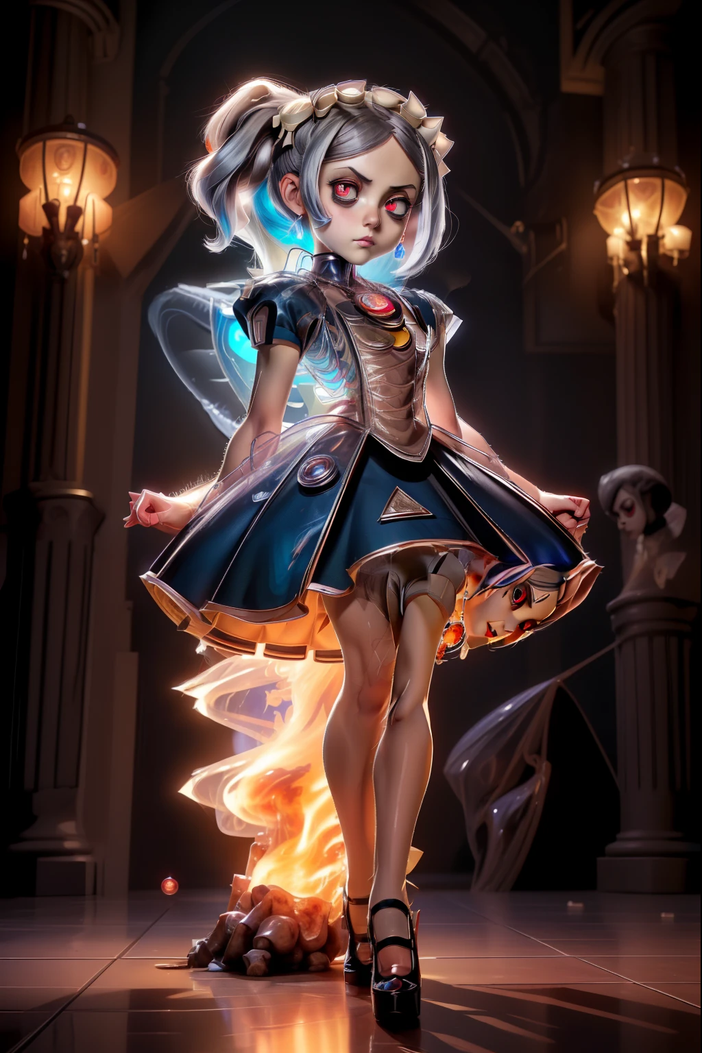 (masterpiece, best quality), marie from skullgirls, skullgirls, red pupils, blue flame on background, digital art, anime style, girl, white hair, maid outfit, serious expression, necklace with red gem , white long socks, fullbody, looking at viwer, beautiful girl, 2D anime drawing, chest, focus on chest, black heels, skeletons on background,