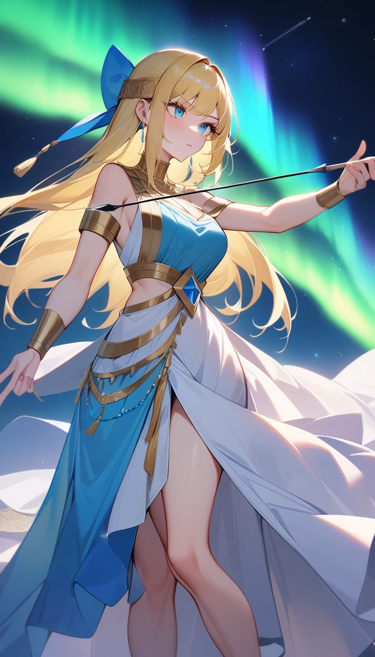 (Huang Li、high quality、Extremely detailed),Constellation-Sagittarius Goddess,Huge bow,Woman shooting arrows,Similar to Latin goodness,brave,capricious,Productivity,The face of enterprising and humanitarianism,Long yellow hair,Ancient Greek costumes、Wrap Dress,Conservative clothing,The background is the aurora,Crystal blue eyes(Eyes Details),Powerful appearance, Correct anatomy