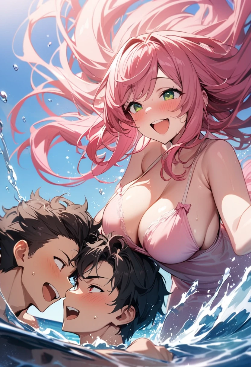 (couple), girl and boy, splashing each other in the ocean, laughing, rich in detail, competitive, happy expression, love, wide angle, 1girl, (((masterpiece, best quality, aesthetic, heavenly))), ((girl with red eyes, vibrant pink long hair)), (intimate), 1boy, ((boy with green eyes, short black curly hair))