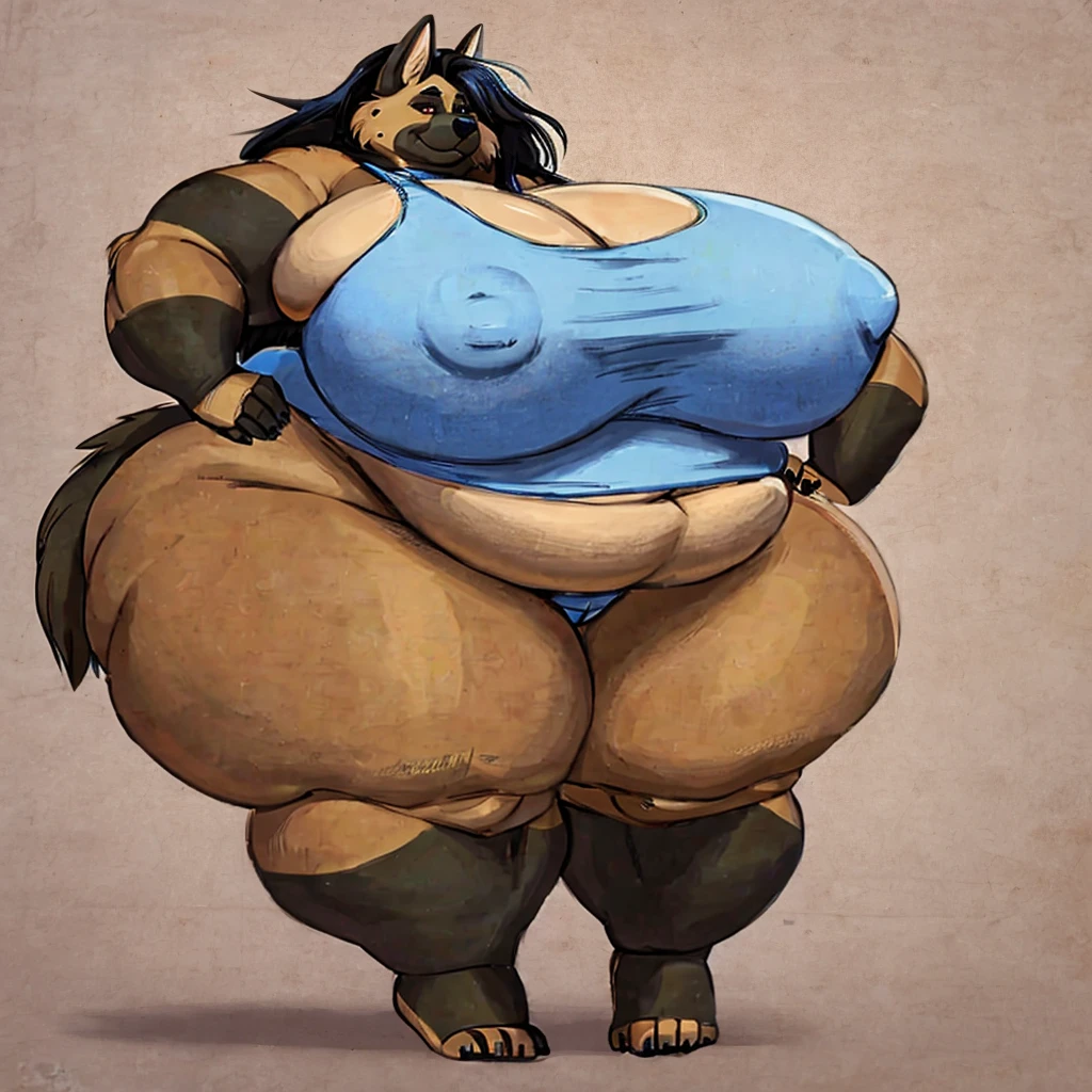 German Shepherd, female, long hair, huge breasts, huge hips, huge thighs, plump, voluptuous, obese, tank top,sports horts, simple background, barefoot,fat arms, fat legs, belly rolls,messy hair , wide body, corpulent , massive breasts, massive breasts, massive thighs, massive thighs, smooth, glistening body,huge breasts, huge breasts, huge breasts , huge ass, saggy breasts