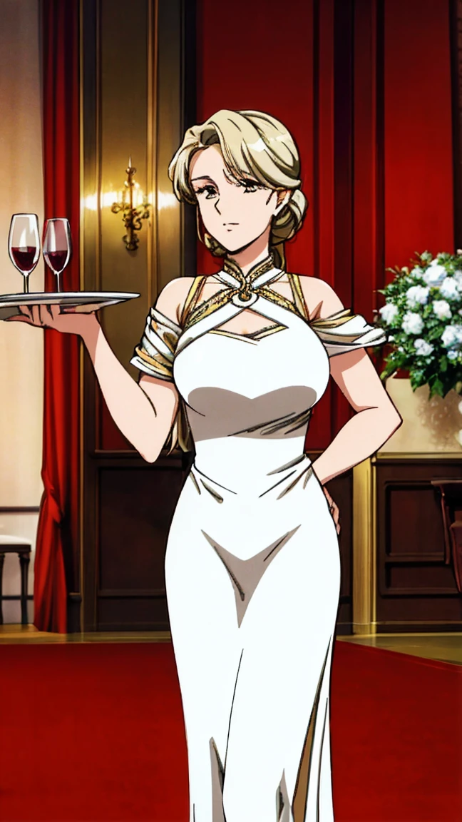 A modern-day illustration of a woman holding a wine glass with her pinky finger raised. The scene includes an elegant dining table set with fine china, silverware, and a beautifully decorated background. The woman is dressed in formal attire and the overall ambiance is sophisticated and classy. 