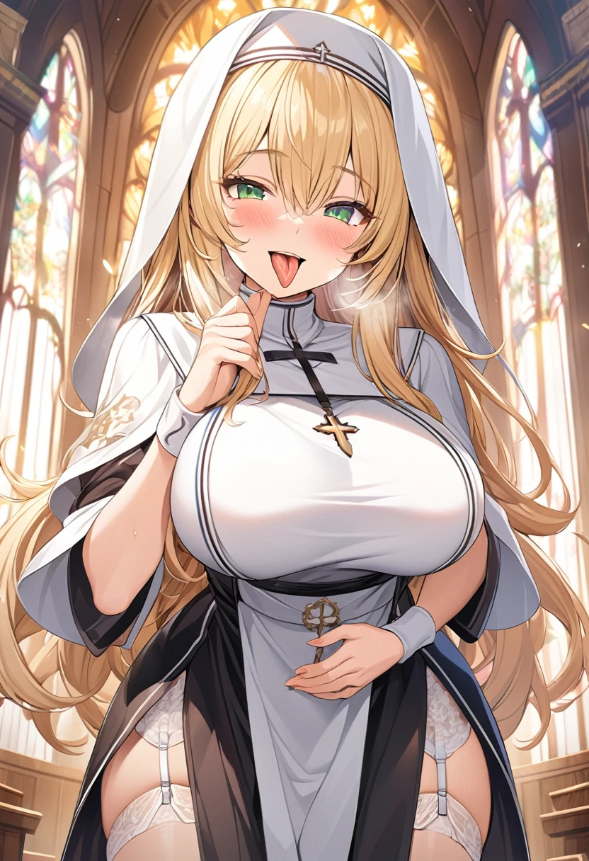 masterpiece, Highest quality, Official Art, Highly detailed CG Unity 8k wallpaper, Detailed Background, (Handcrafted by Guido Daniele), (Finger details),  Woman1, (Curvy), (Nuns),  (standing in church), (Nuns gown:1.12), (Chest curtain:1.4), (Nuns skirt:1.11), (White Garter Straps Garter Belt:1.12), (Blonde long hair:1.12), (Hair intake:1.12), (Green Eyes:1.2), blush, (Loving smile, holy smile), ((Huge breastagging bres:1.5、Longs:1.3、sagging bre)), Tight st, Shiny (Cross Necklace), indoor, (Sacred Scene), (church:1.11), (Sunlight streaming through stained glass),Mature Woman、((sit、足を広げてsit))、Monastic s、White panties、Photographed from diagonally in frontsional Pose、Clasp your hands in front of your chest、Close-up photo of the chest、naughty face、heavy breathing、breast focus、Provocative smile、handjob、Sticking out 、penisを手コキ、(penis、penis)、両手でpen(Blowjob,fellatio)
