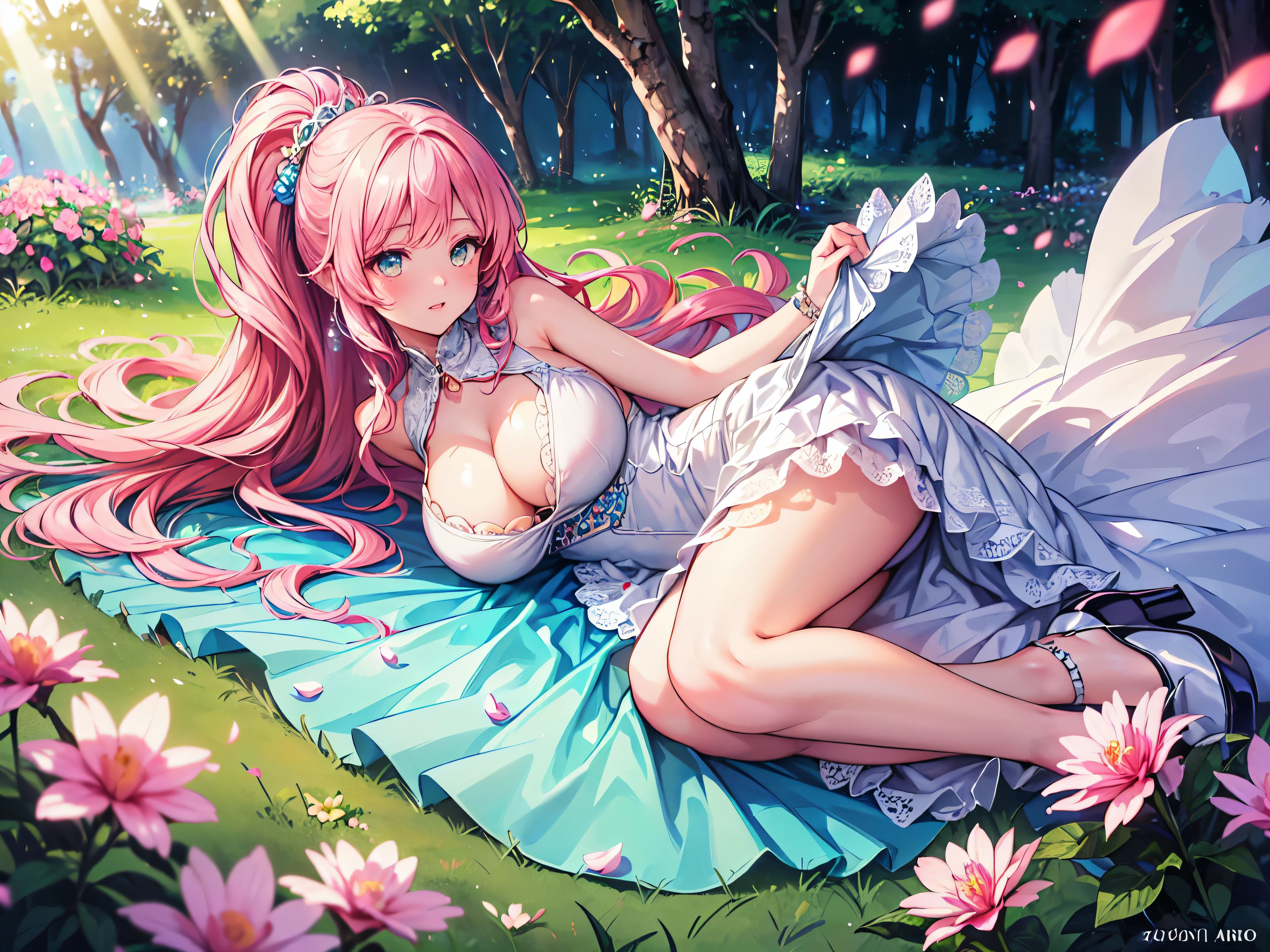 ((Moe anime art style:1.2)), (((masterpiece))), (((best quality))), ((ultra detailed)), (illustration), ((an extremely delicate and beautiful)), ((super detailed skin)), (((8K))), BREAK (((solo girl, A young-looking princess))), (18 years old), ((full body)), ((from front)), (on side in the meadow, lying down surrounded by flowers), BREAK (((Dark pink satin material))), ((Dense lace, Long train, Lots of frills)), (((Full-length crinoline hoop skirt, Beautiful and luxurious Rococo Victorian ball gown dress))), BREAK (((gigantic breasts))), ((cleavage cutout)), Sweat on the chest, BREAK (((Super delicate and beautiful face))), ((Beautiful Lips, Delicate beautiful eyes)), ((embarrassed))), BREAK bangs, (((Pink Hair, Fluffy ponytail, Curly Hair, Expressive hair, very voluminous long hair))), Beautiful silver and jeweled hair ornaments, BREAK (((nature))), (in forest), ((so many colorful flowers)), ((Flowing petals)), Particles of light pouring down, (light sparkles:1.1), (light leaks:1.5),