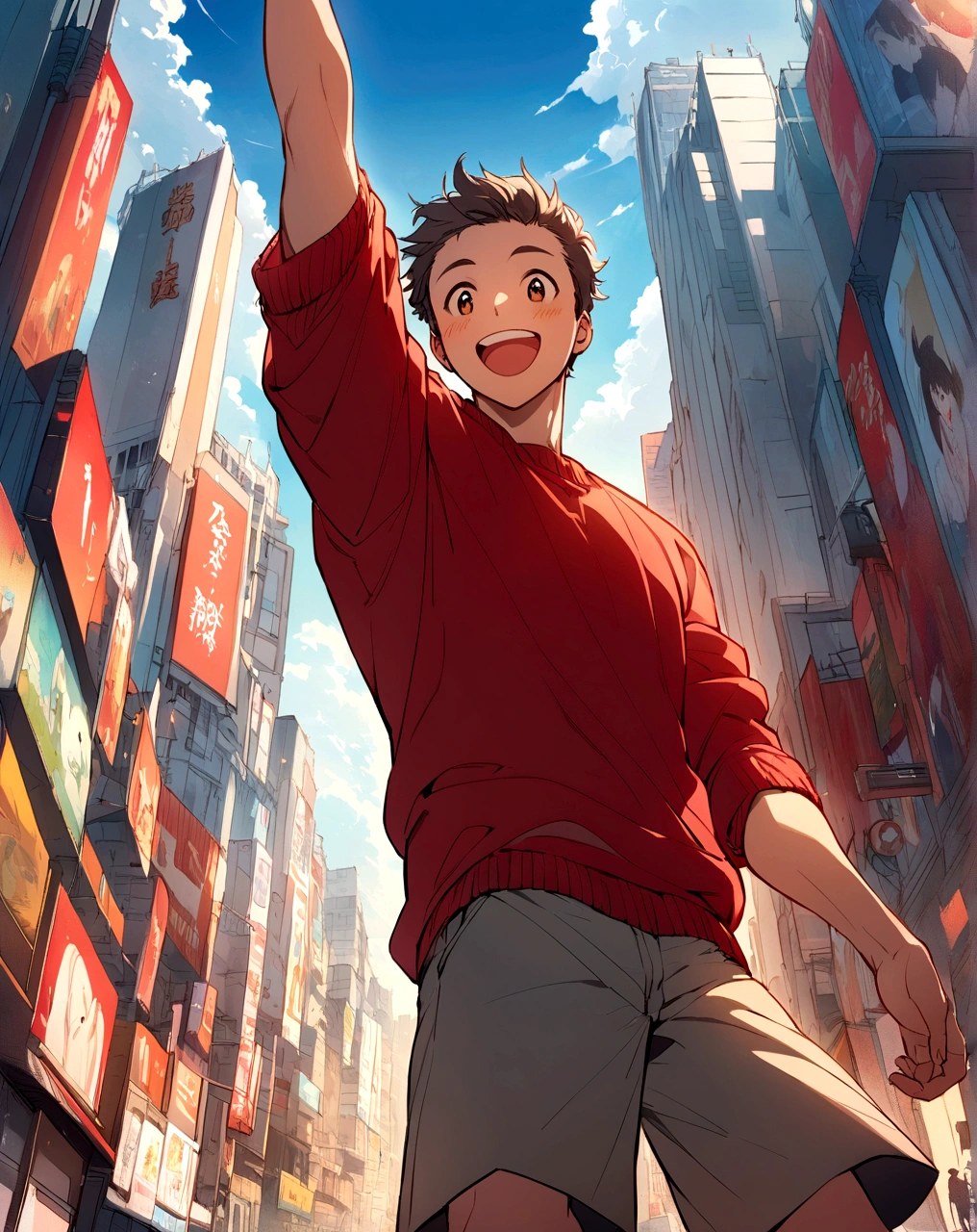 Create an anime-style illustration of a cheerful young man in a bustling cityscape. The perspective should be from a low angle, making the subject appear towering and dynamic. The man is wearing a bright red sweater, gray shorts, and red sneakers. He has a happy expression, with his arm raised in excitement. The background features tall buildings with billboards and advertisements, resembling a vibrant urban setting. The sky is clear with a few clouds, adding to the lively atmosphere.