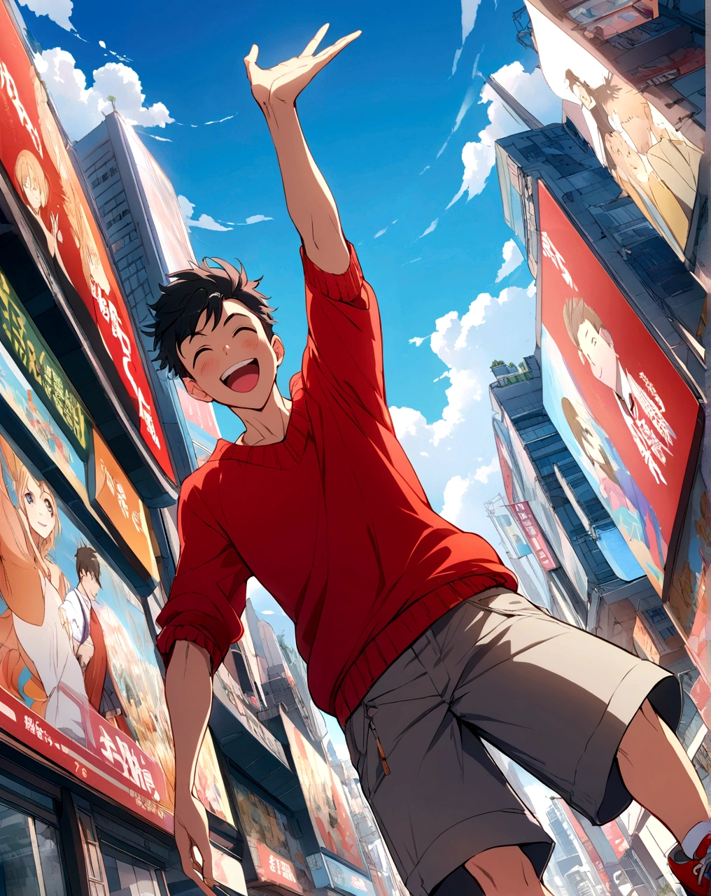 Create an anime-style illustration of a cheerful young man in a bustling cityscape. The perspective should be from a low angle, making the subject appear towering and dynamic. The man is wearing a bright red sweater, gray shorts, and red sneakers. He has a happy expression, with his arm raised in excitement. The background features tall buildings with billboards and advertisements, resembling a vibrant urban setting. The sky is clear with a few clouds, adding to the lively atmosphere.