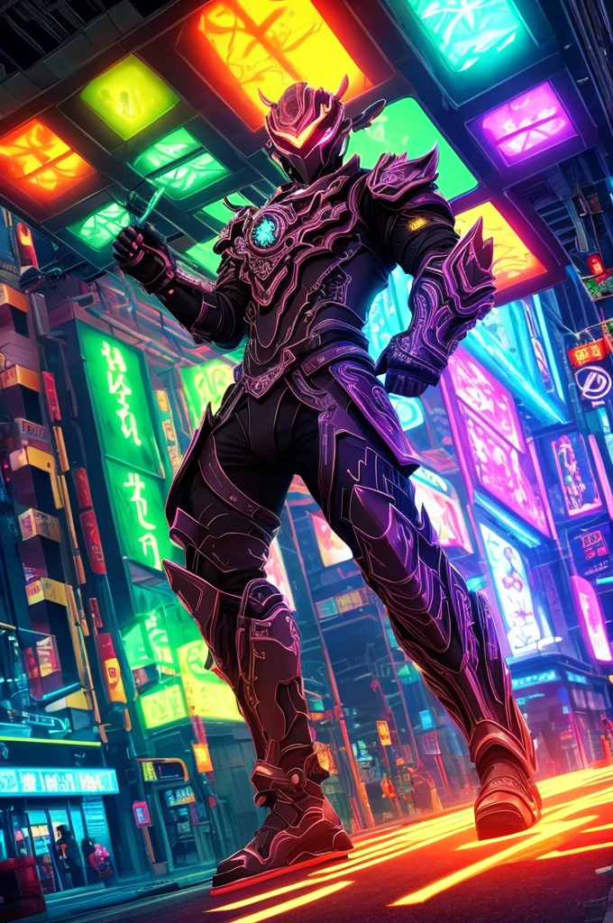 A mythical Kraken ninja stands poised in a neon-lit, dystopian metropolis, rendered in stunning 4K resolution, blending ancient legend with futuristic cyberpunk flair. The ninja's ornate, high-tech armor glows with a mesmerizing iridescent sheen, as intricate circuitry and glowing accents dance across the metallic surface. The dragon's scales shimmer in hues of indigo, violet, and electric blue, while neon accents pulse in fiery oranges and greens, casting an otherworldly glow across the surrounding urban landscape, exuding a sense of cutting-edge, cinematic grandeur.
