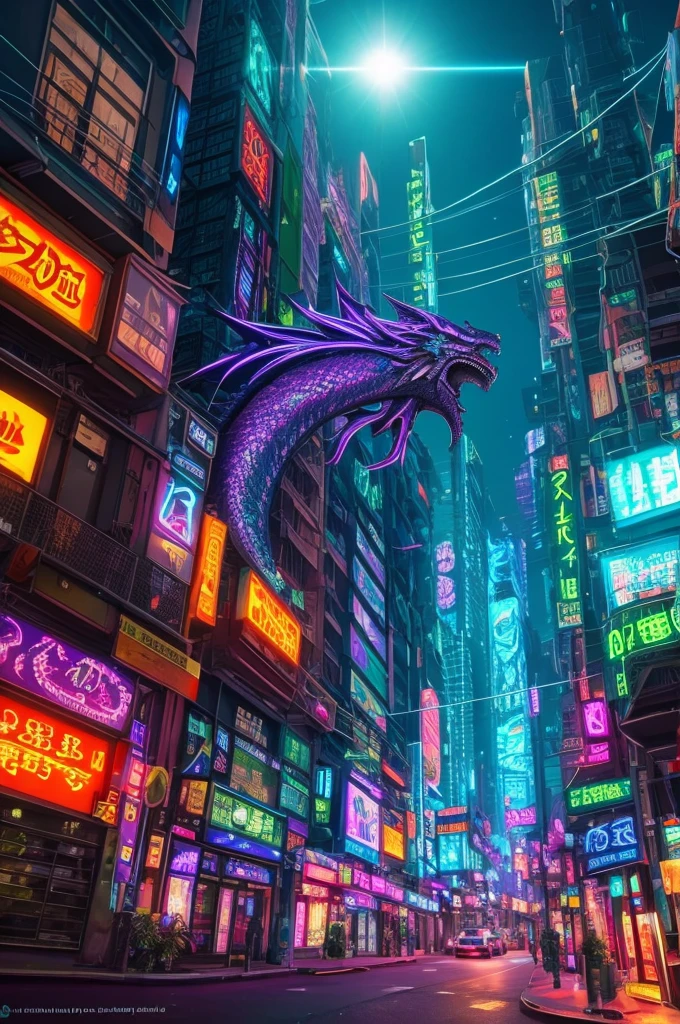 A mythical Kraken ninja stands poised in a neon-lit, dystopian metropolis, rendered in stunning 4K resolution, blending ancient legend with futuristic cyberpunk flair. The ninja's ornate, high-tech armor glows with a mesmerizing iridescent sheen, as intricate circuitry and glowing accents dance across the metallic surface. The dragon's scales shimmer in hues of indigo, violet, and electric blue, while neon accents pulse in fiery oranges and greens, casting an otherworldly glow across the surrounding urban landscape, exuding a sense of cutting-edge, cinematic grandeur.