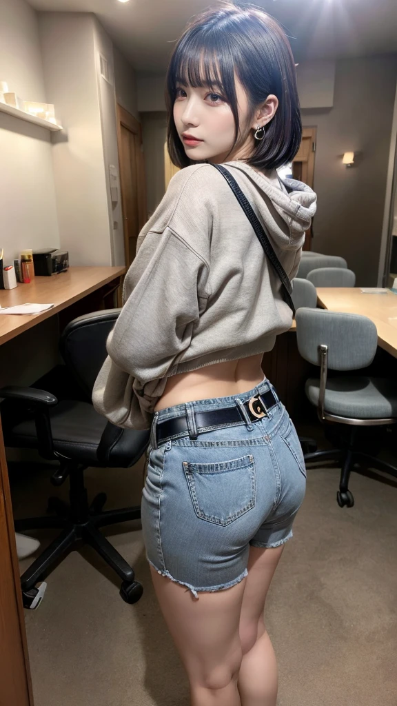 masterpiece, best quality, illustration, Super detailed, fine details, High resolution, 8K,wall paper, perfect dynamic composition, full body photo, back view, Put your hands on the chair and stick your butt out., (Details High quality, realistic depiction of eyes:1.3), 20 year old girl, Gravure Idol, cute type, large breasts, short bob hair, black hair color, Korean style makeup, Big Natural Color Lip, thick thighs, perfect body shape, plump figure,large hips, champion gray sweatshirt, denim short pants, Leather belt, necklace, earrings, messy room