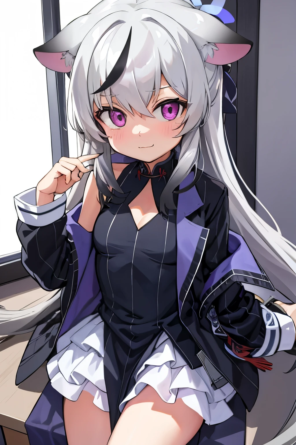 tmasterpiece， best qualtiy， ultra - detailed， 1girll，Gray hair Kokona， inside in room， Purple eye， ：3，the face  closeup cleavage,  Winter suit, winter wonder