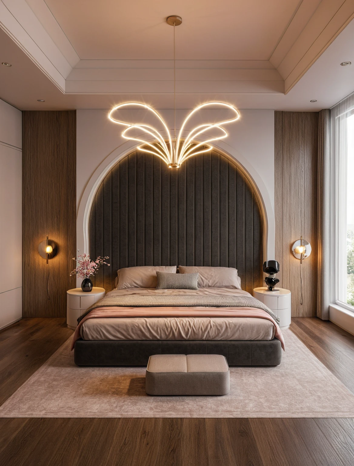Raw photo,Masterpiece, high quality, best quality, authentic, super detail, interior, ((girl's bedroom)), ( style modern luxury), sunset, day light, bed, carpet, curves, bedside cabinets, wood floor ,wardrobe, led, flower vase, decorative statue, butterfly chandelier , windows, downlight, pink and black tones