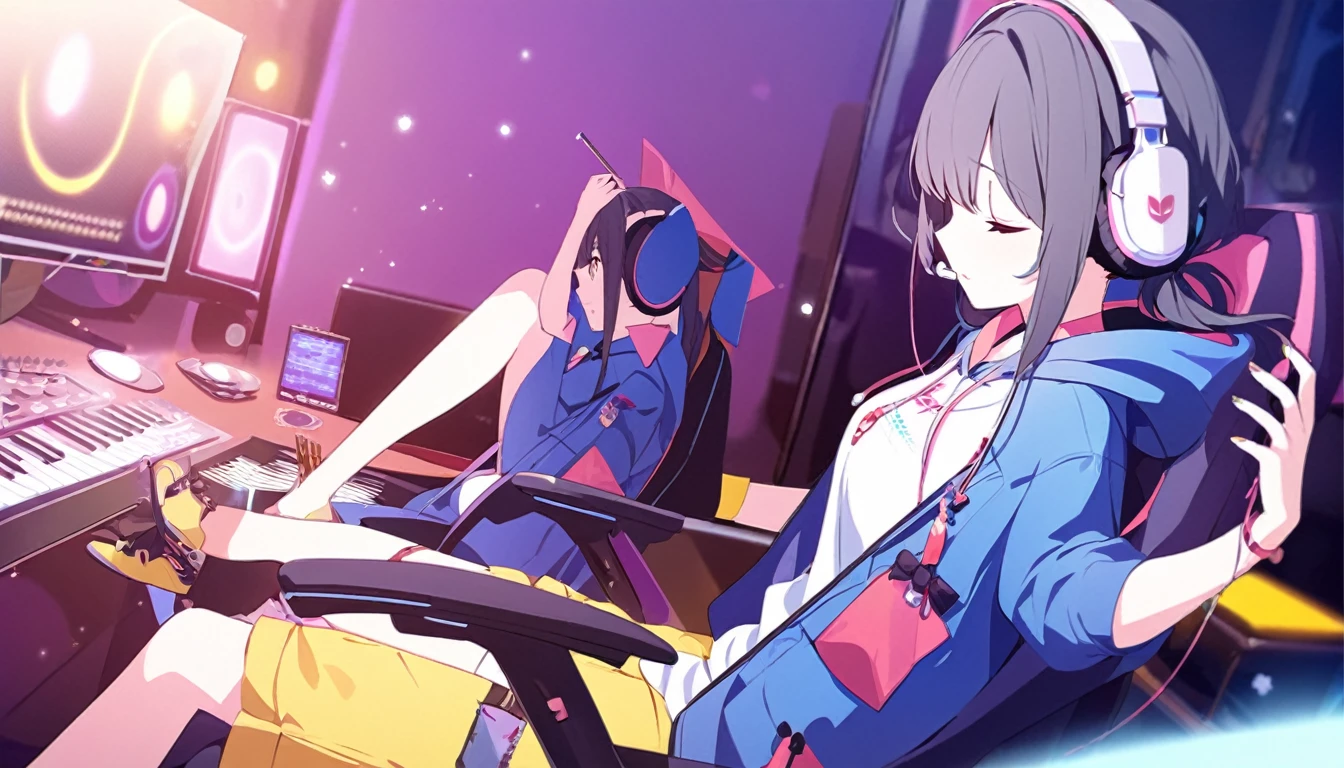 Beautiful girl listening to music with headphones、Inside the room、Sitting on a game chair　