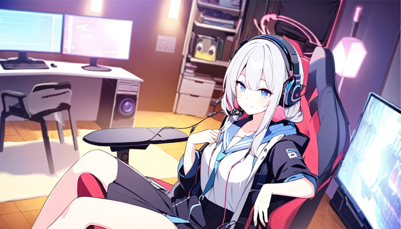 Beautiful girl listening to music with headphones、Inside the room、Sitting on a game chair