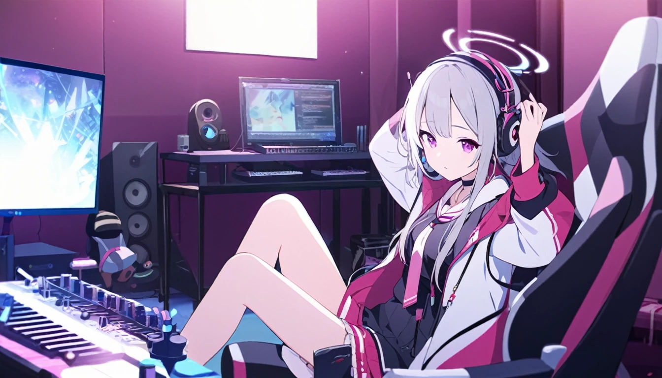 Beautiful girl listening to music with headphones、Inside the room、Sitting on a game chair