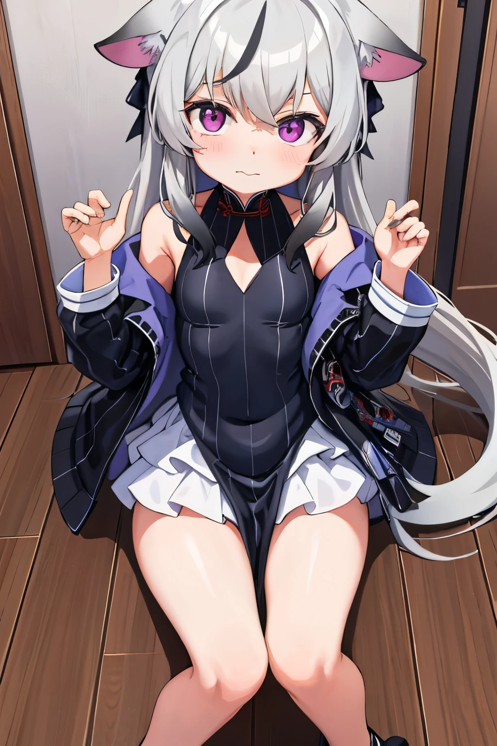 tmasterpiece， best qualtiy， ultra - detailed， 1girll，Gray hair Kokona， inside in room， Purple eye， ：3，the face  closeup cleavage,  Winter suit, winter wonder