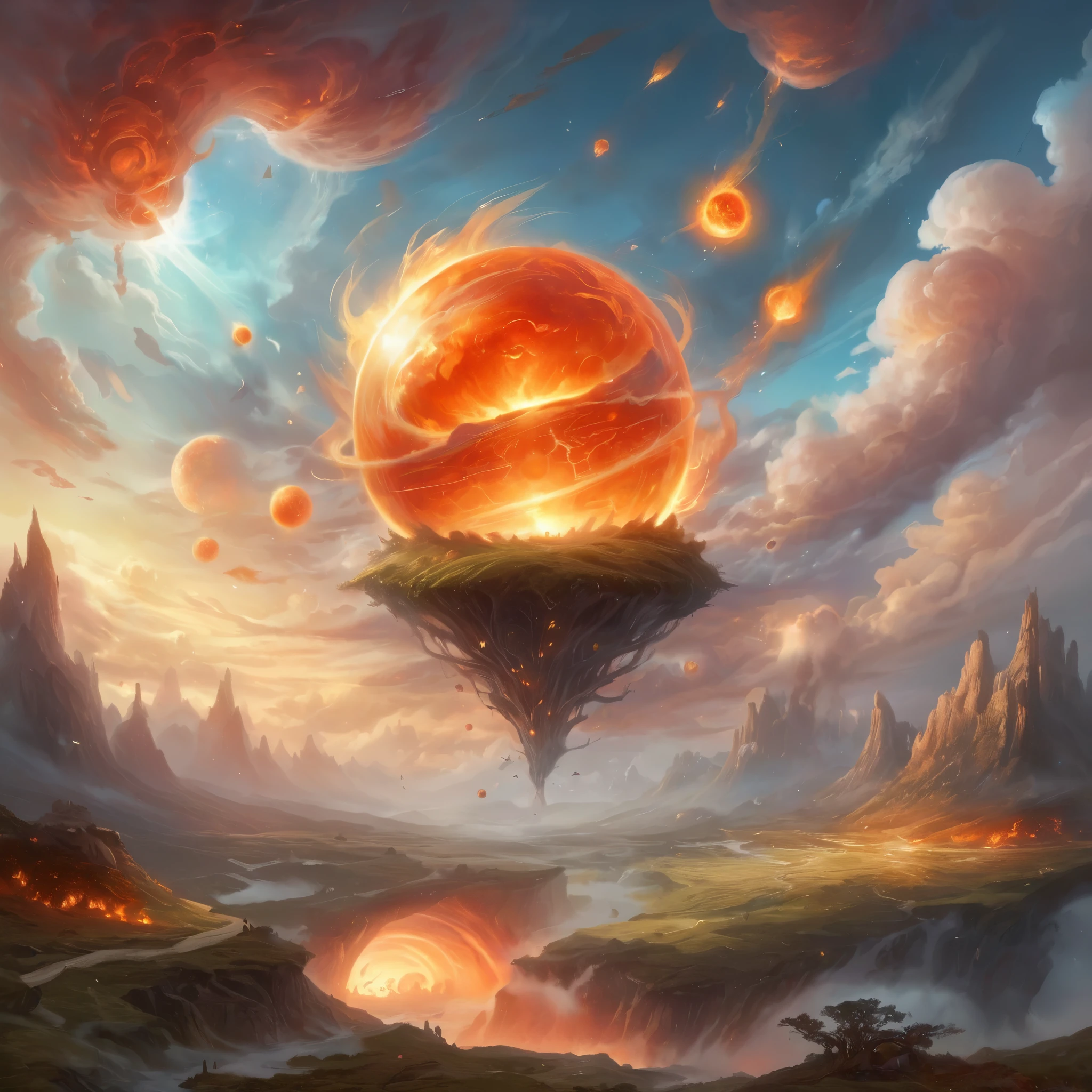 A fantastical depiction of the fiery sphere in the sky and landscape, with magical, otherworldly elements and vibrant, imaginative details.