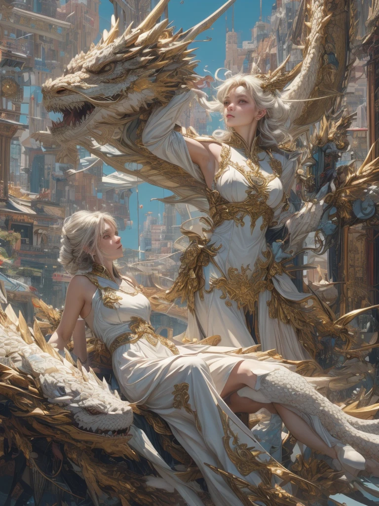 masterpiece, best quality, ultra high res, epic action and dynamic pose, in the style of opaque resin panels, precisionist, ivory, magical girl symbolism, close-up, elaborate borders, surrealistic assemblage,  Dragon and girl, 