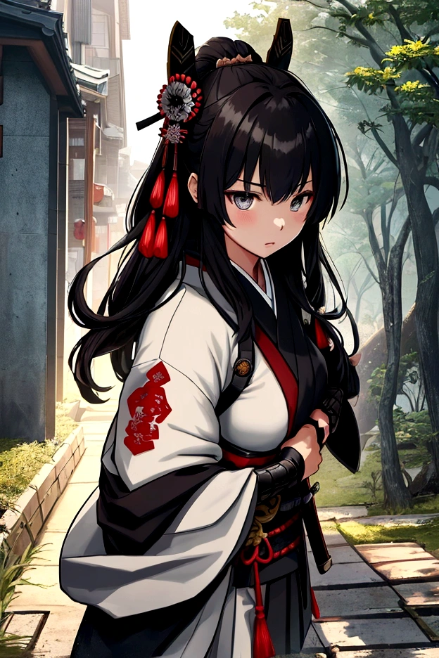 A style that combines traditional Japanese beauty with modern sensibilities.、A powerful and fantastical image。Fearless revolution and anti-war nation、Themes such as Samurai Warriors for Boys and Girls、A historical tale depicted by starlight。Elements of Sum、A girl in a Japanese combat uniform in front、Holding a sword、Many Stars々and its shadow