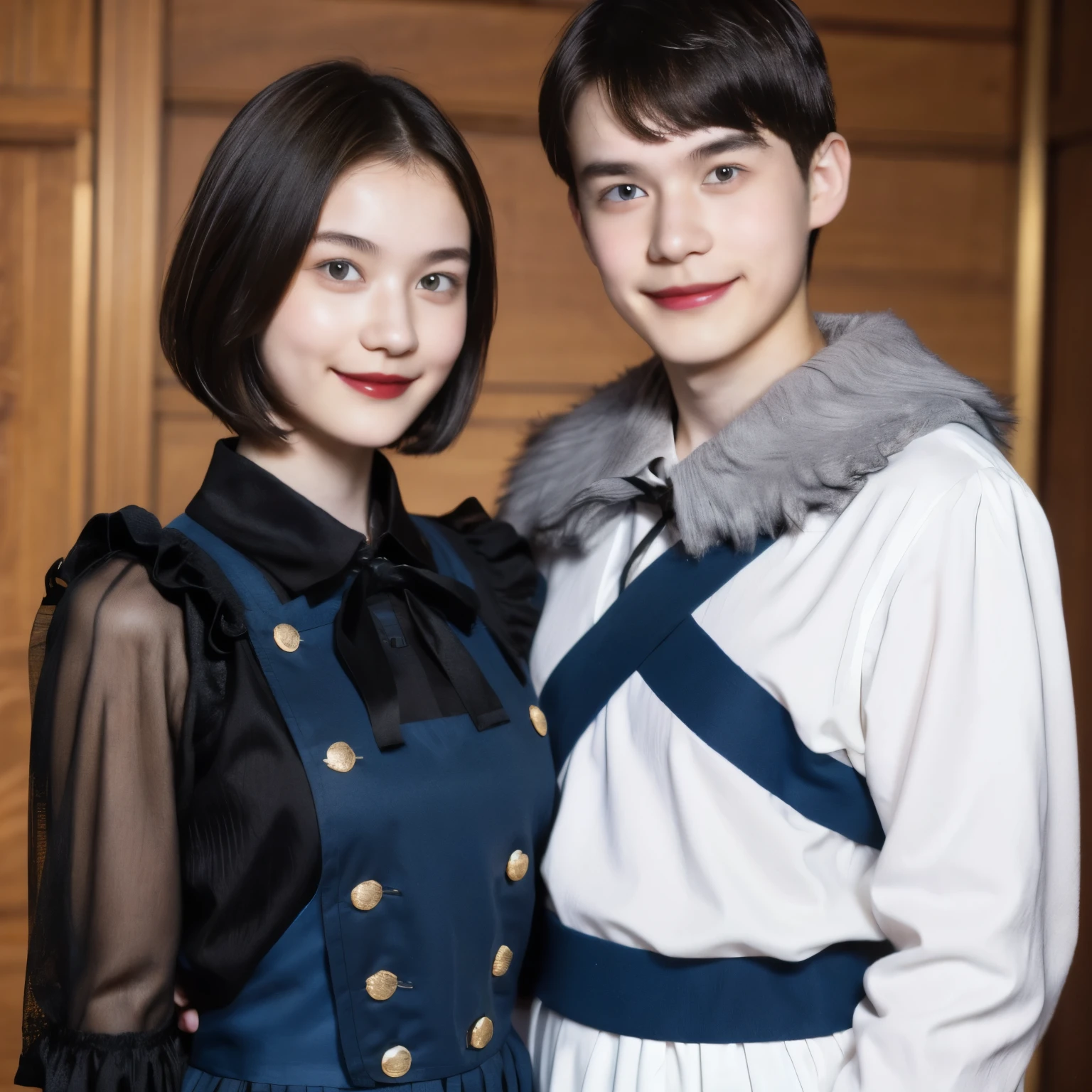 248 (An 18-year-old female and an 18-year-old male), (short hair),kind, lipstick, Finnish national costume, smile