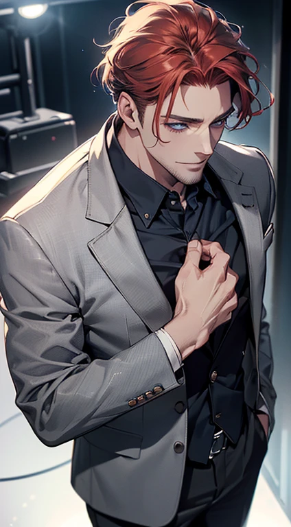 (best quality,8k,photorealistic,cinematic lighting,1:4 hdr image,top view,ultra detailed,masterpiece,beautiful image),(mature man),(very handsome),(short grey red hair),(grey blue eyes),(perfect face without errors),(buttoning his jacket,CEO),(smile in love)