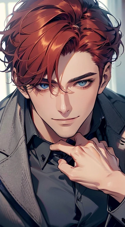 (best quality,8k,photorealistic,cinematic lighting,1:4 hdr image,top view,ultra detailed,masterpiece,beautiful image),(mature man),(very handsome),(short grey red hair),(grey blue eyes),(perfect face without errors),(buttoning his jacket,CEO),(smile in love)