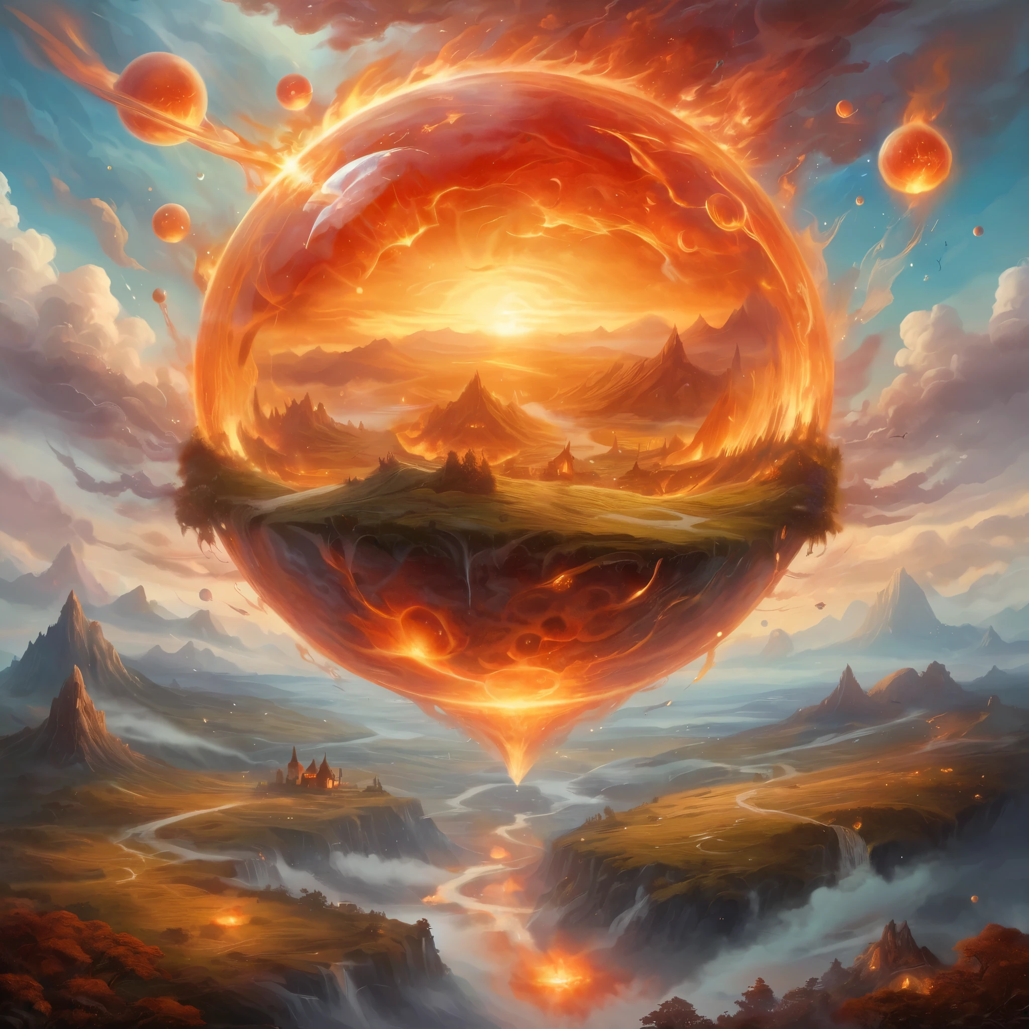 A fantastical depiction of the fiery sphere in the sky and landscape, with magical, otherworldly elements and vibrant, imaginative details.